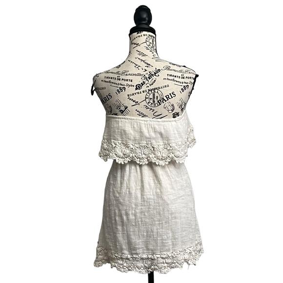 O’Neill Beige Strapless Linen Mini Dress Lace Crochet Boho Peasent Beach S - Picture 4 of 9